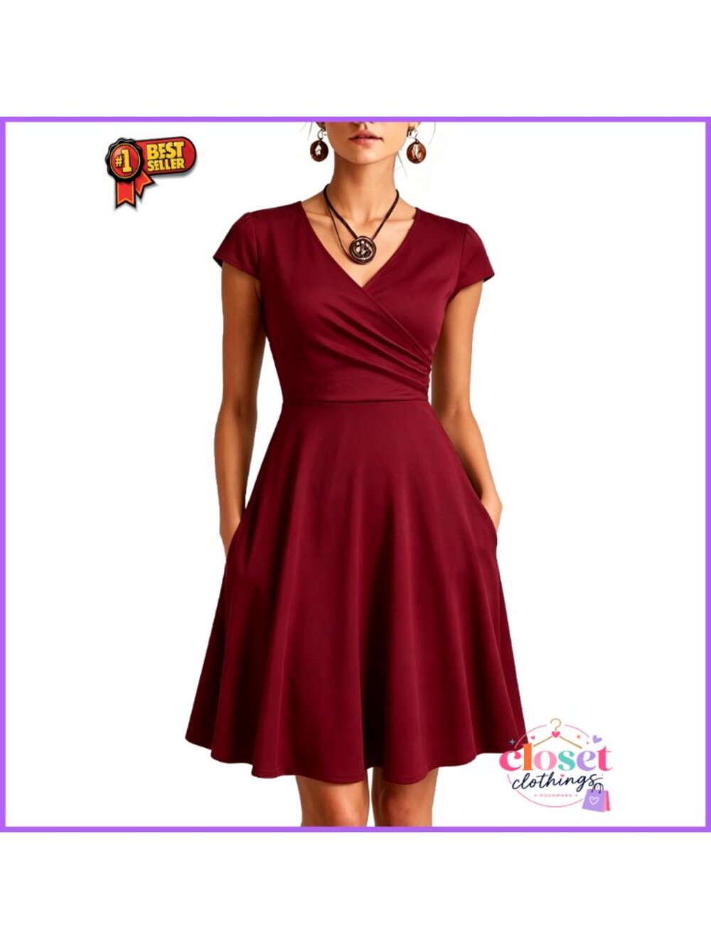 Women's Floral V Neck Midi Dress with Pockets Maternity Graduation Party - Picture 5 of 5